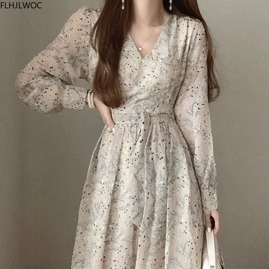 2020 Autumn Basic Long Dress Long Sleeve V Neck Floral Printed Retro Vintage A Line Women Dresses Chic Korea Fashion Vestidos