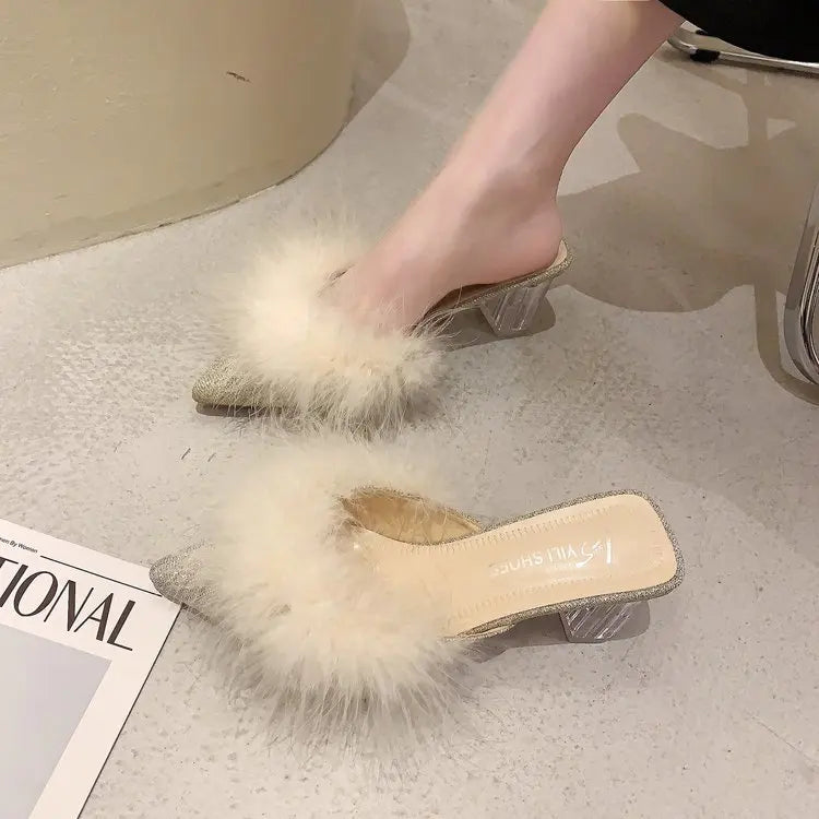 Female Shoes Ladies' Slippers Pointed Toe Women Heels Fur Flip Flops 2025 Soft High Cover Plush Casual Slides Pumps Leisure