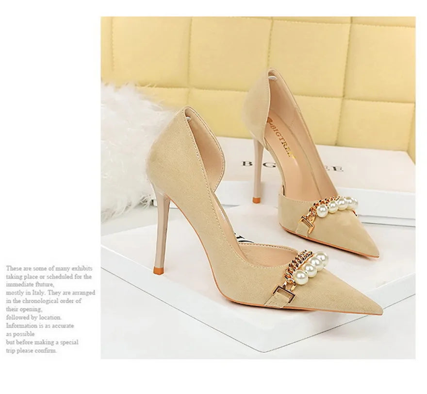 2025 New Fashion Pearl Chain Office Women Pumps Black Flock Side Hollow High Heels Stiletto Pointed Toe Female Party Shoes Dress