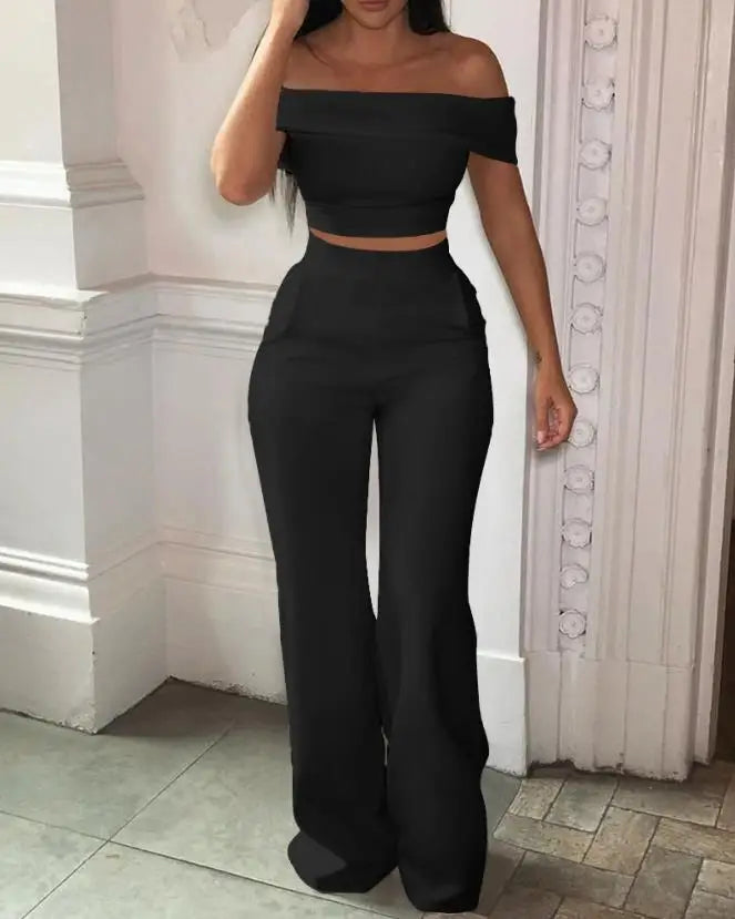 Elegant Sexy 2 Pcs for Women 2024 Summer Casual Fashion Off Shoulder Short Sleeve Crop Top & High Waist Wide Leg Pants Set