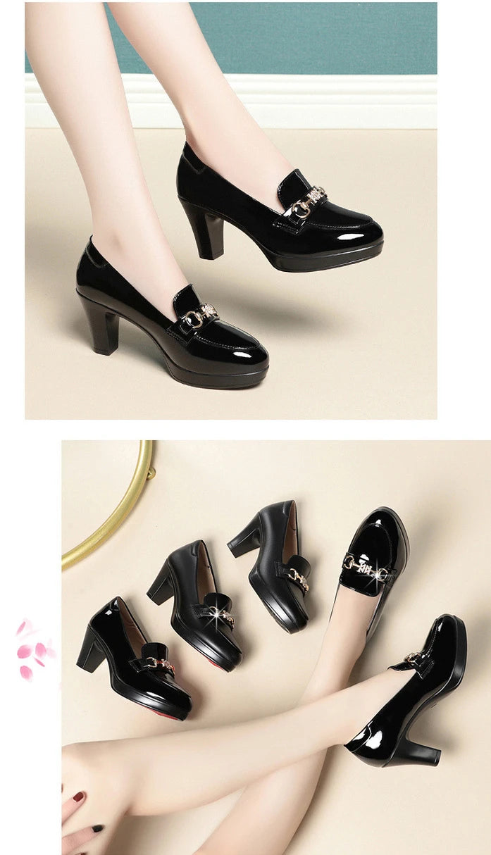 Autumn New Platform High Heels Women Round Toe Patent Leather Pumps Zapatillas Muje Female Party Elegant Model Office Work Shoes