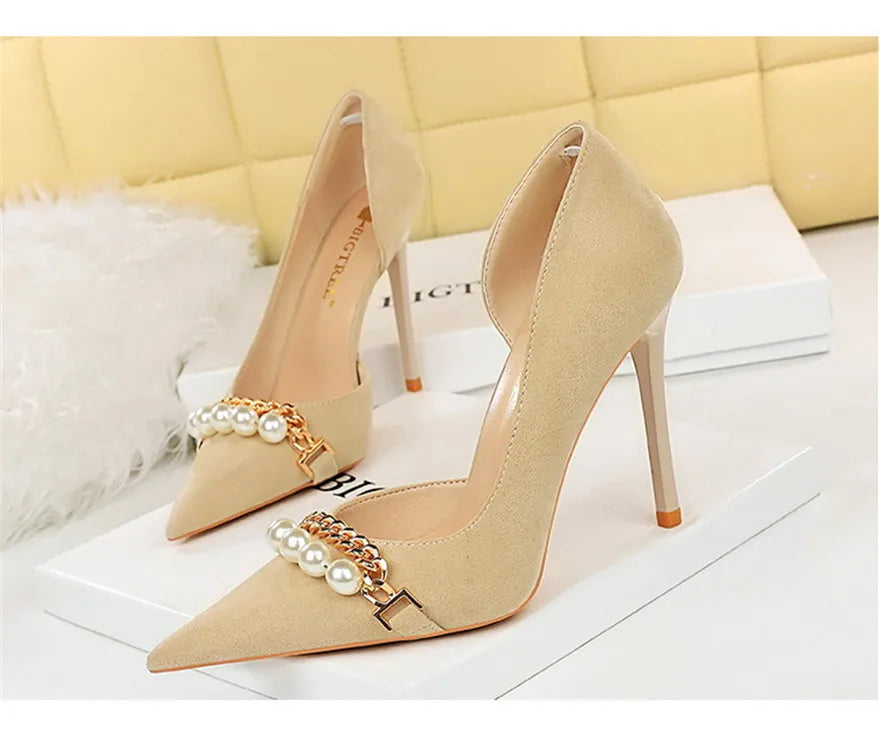 2025 New Fashion Pearl Chain Office Women Pumps Black Flock Side Hollow High Heels Stiletto Pointed Toe Female Party Shoes Dress