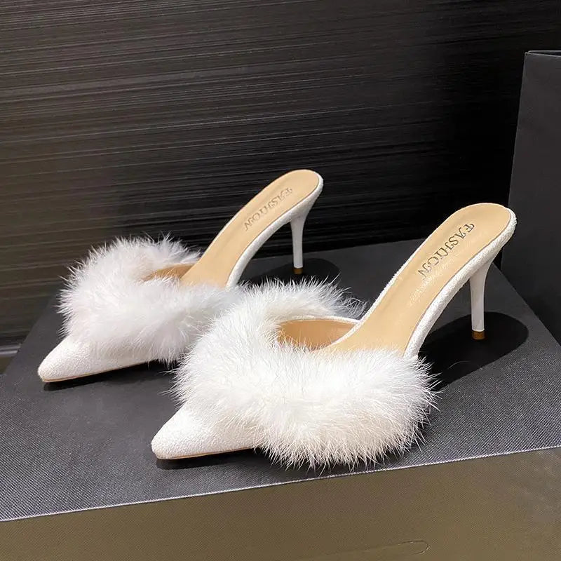 Female Shoes Ladies' Slippers Pointed Toe Women Heels Fur Flip Flops 2025 Soft High Cover Plush Casual Slides Pumps Leisure