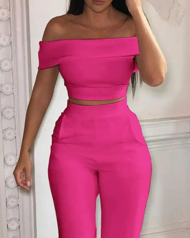 Elegant Sexy 2 Pcs for Women 2024 Summer Casual Fashion Off Shoulder Short Sleeve Crop Top & High Waist Wide Leg Pants Set