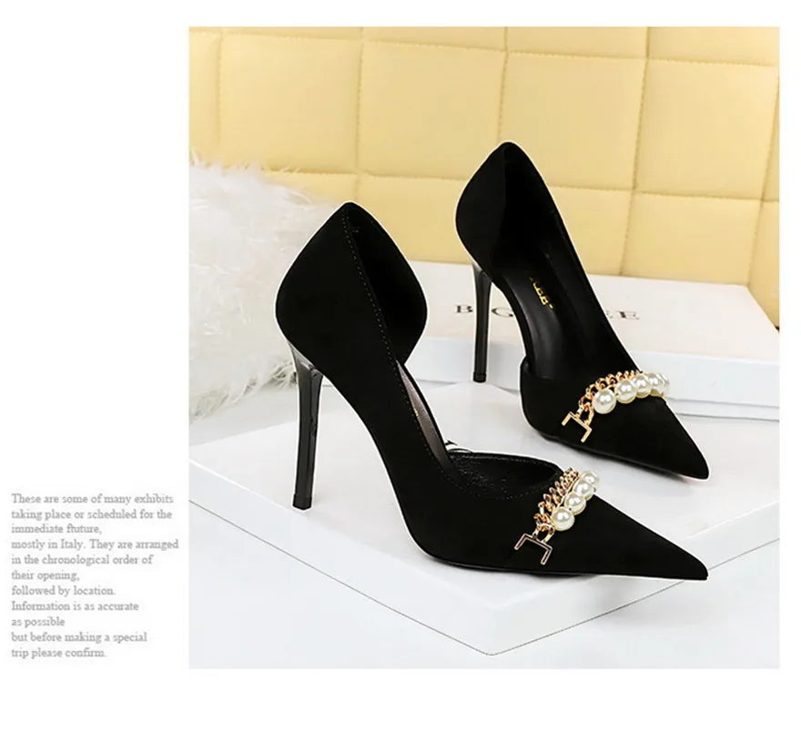 2025 New Fashion Pearl Chain Office Women Pumps Black Flock Side Hollow High Heels Stiletto Pointed Toe Female Party Shoes Dress