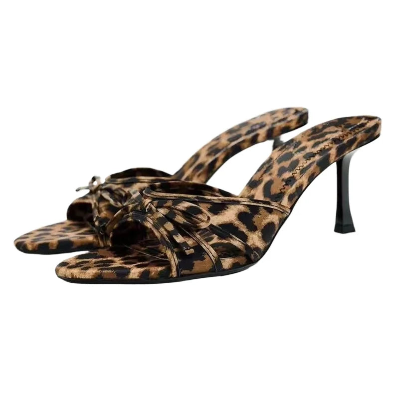 Leopard High Heels Slippers Women Bow Shoes Sexy Dress Sandals 2024 Summer New Slides Casual Pumps Walking Cozy Mujer Flip Flops