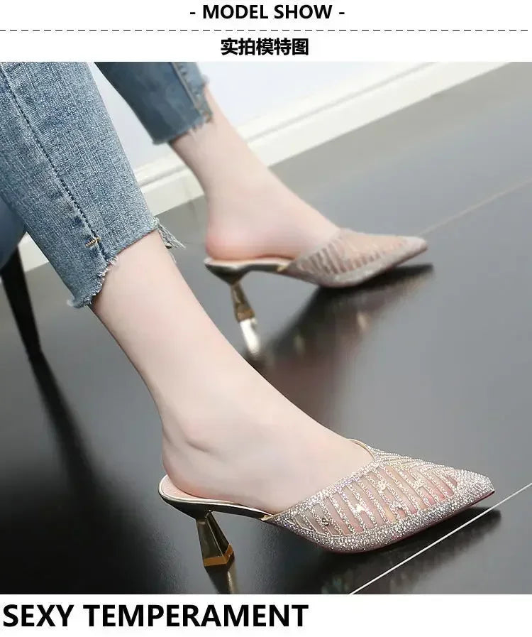 2024 Mesh Slippers Women New Summer Shoes Women Fashion Pointed Slides Spike Heels Beige Mules Shoes High Heels 42