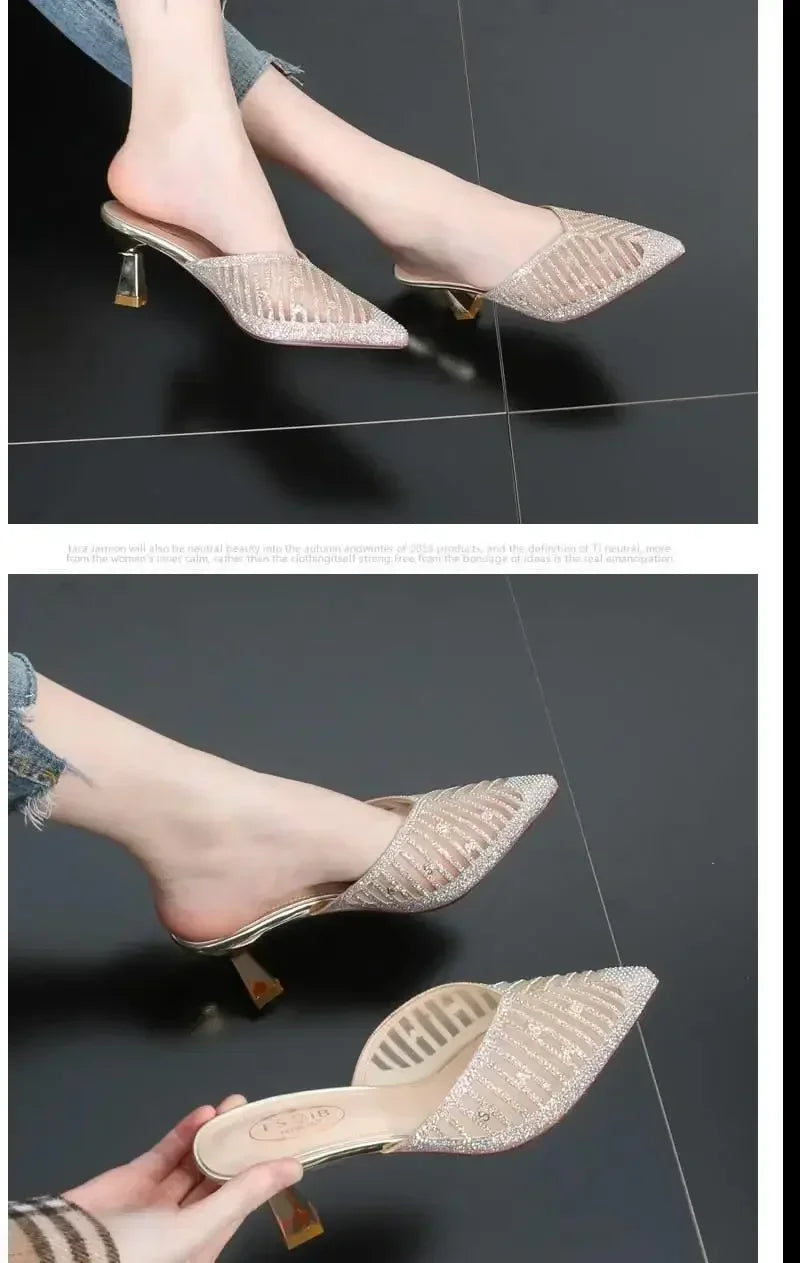 2024 Mesh Slippers Women New Summer Shoes Women Fashion Pointed Slides Spike Heels Beige Mules Shoes High Heels 42