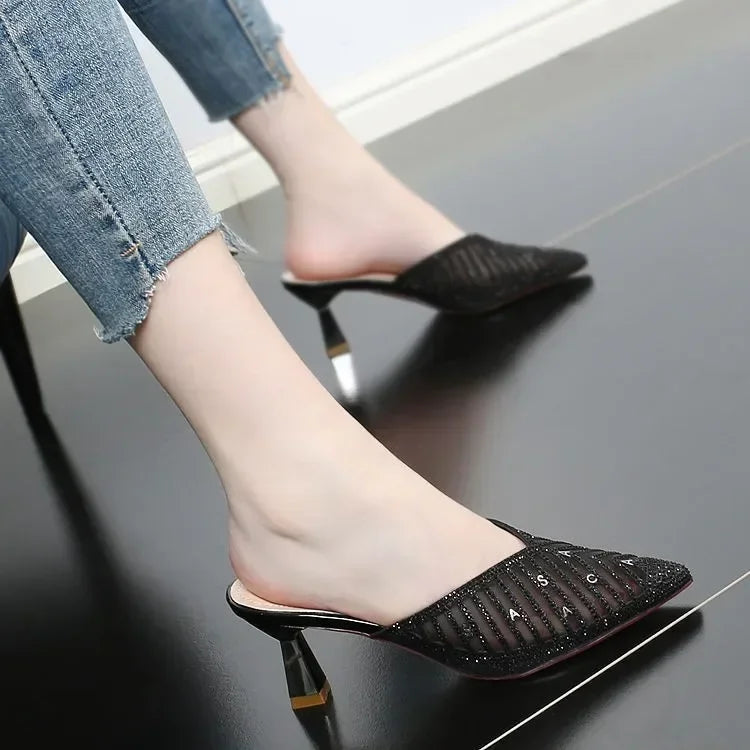 2024 Mesh Slippers Women New Summer Shoes Women Fashion Pointed Slides Spike Heels Beige Mules Shoes High Heels 42