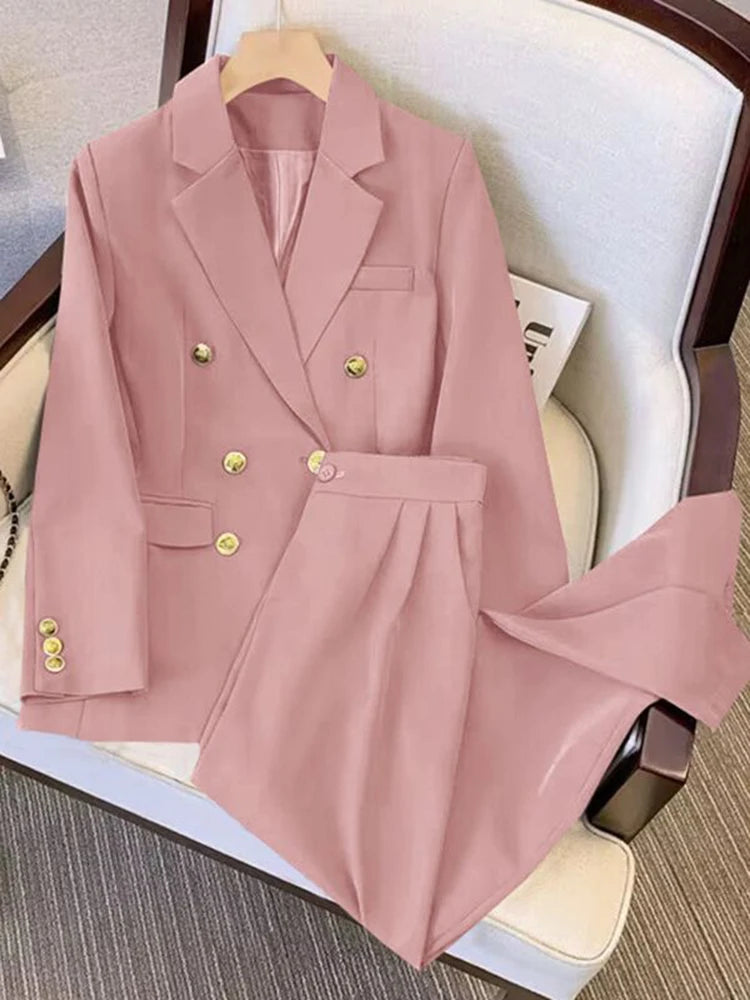 Khaki Office Double Breasted Suits Sets Women Korean New Long Sleeve Blazer Jackets Conjunto Ol High Waist Straight Pants Outfit