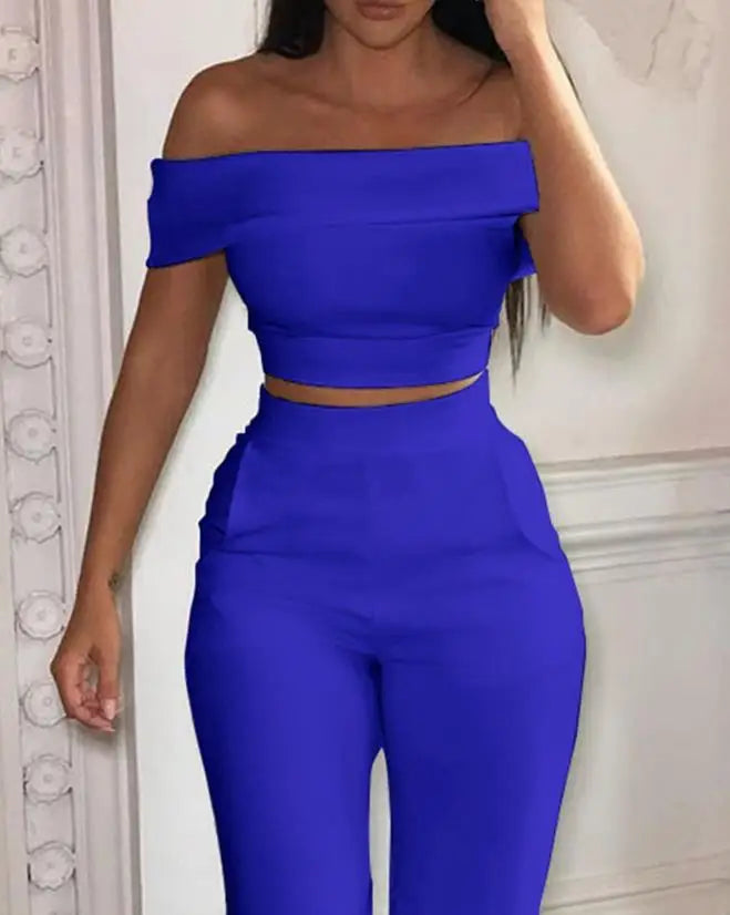 Elegant Sexy 2 Pcs for Women 2024 Summer Casual Fashion Off Shoulder Short Sleeve Crop Top & High Waist Wide Leg Pants Set