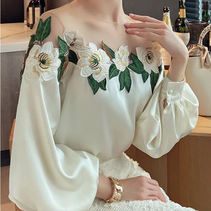 Autumn Mesh Patchwork Long Lantern Sleeve Shirt Spring Embroidered Satin Blouse O-neck Tops Women's Clothes Elegant New 24976