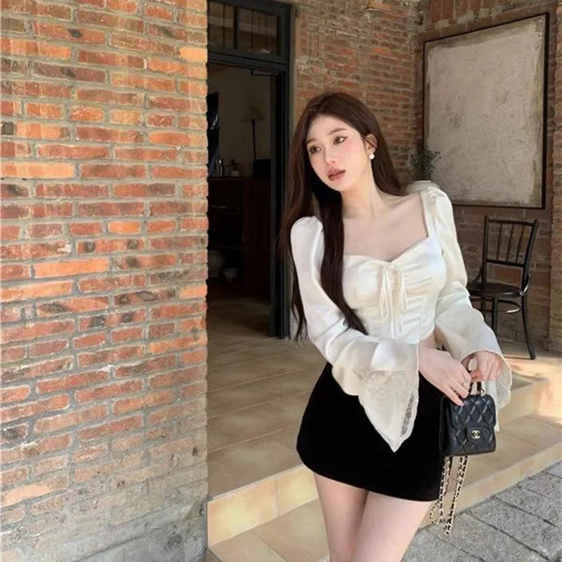 Elegant Women Shirt Lace Patchwork Flare Sleeve Sexy Slim Thin Top Summer Fashion Sweet High Vintage Kawaii Korean Female Blouse