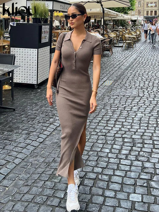 Kliou Elegant Office Lady Maxi Dress Women Solid Fashion Turn-down Collar Short Sleeve Button Side Slit Body-Shaping Street Robe