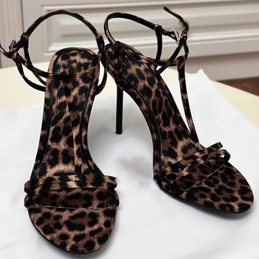 2025 Summer New Open-Toed Leopard Print High Heels One-Line Buckle Sandals Women'S Sense T Belt Stiletto Heels Party Shoes