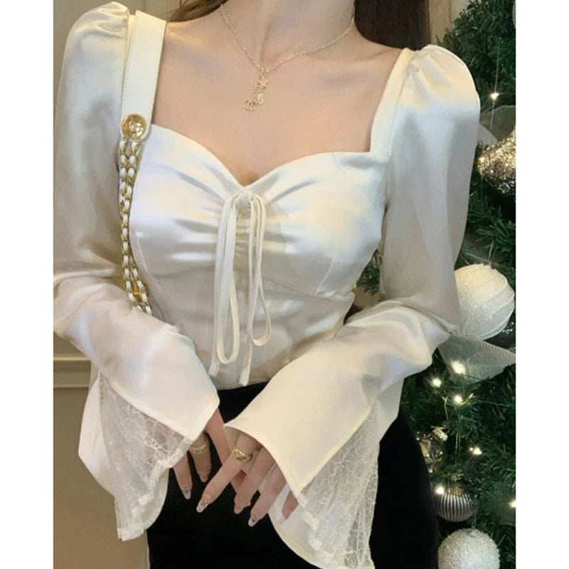 Elegant Women Shirt Lace Patchwork Flare Sleeve Sexy Slim Thin Top Summer Fashion Sweet High Vintage Kawaii Korean Female Blouse