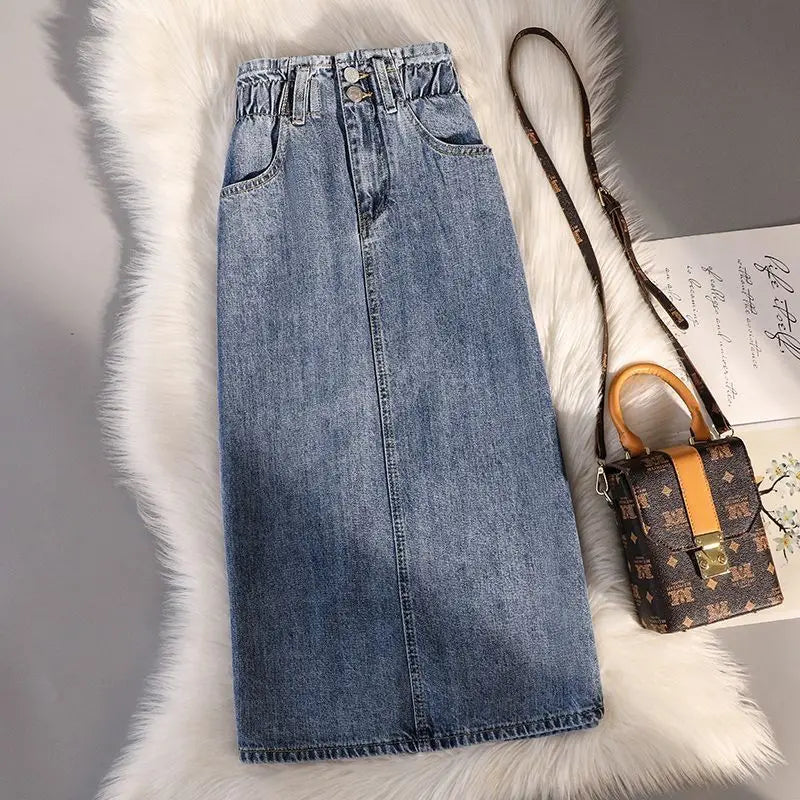 Fashion Denim Skirt Women's Summer High Waist Wrapped Hip Skirts Elastic Female Office Lady Elegant Casual Button Jean Clothing