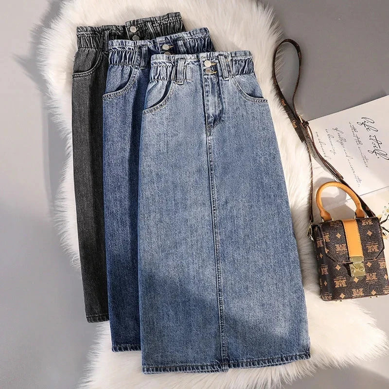 Fashion Denim Skirt Women's Summer High Waist Wrapped Hip Skirts Elastic Female Office Lady Elegant Casual Button Jean Clothing