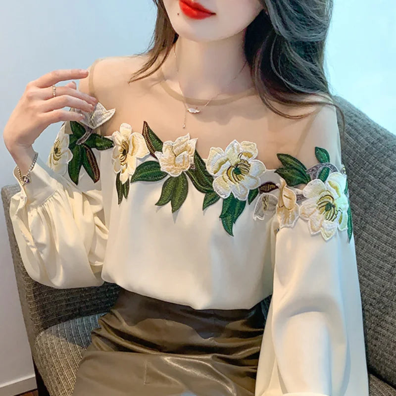 Autumn Mesh Patchwork Long Lantern Sleeve Shirt Spring Embroidered Satin Blouse O-neck Tops Women's Clothes Elegant New 24976