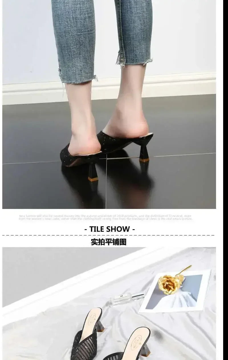 2024 Mesh Slippers Women New Summer Shoes Women Fashion Pointed Slides Spike Heels Beige Mules Shoes High Heels 42