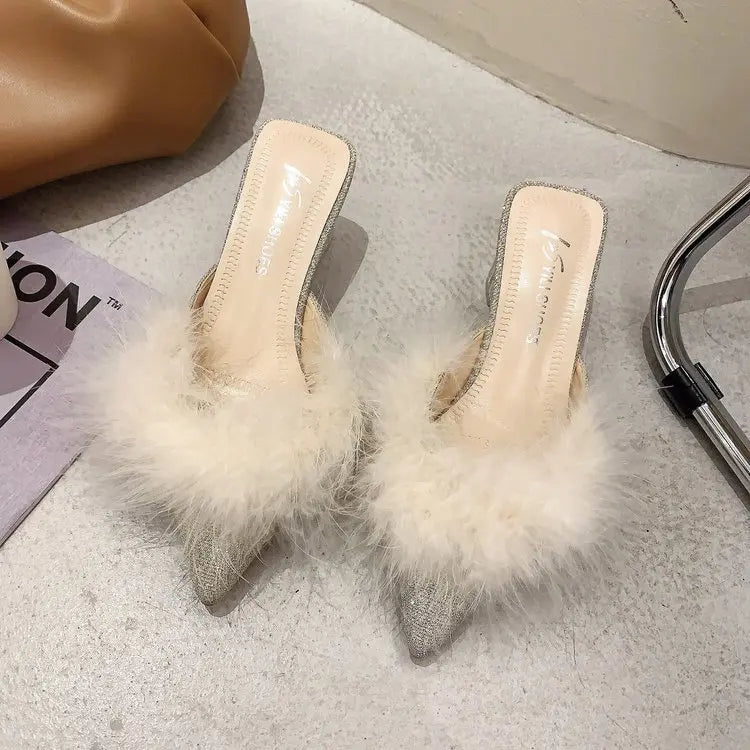 Female Shoes Ladies' Slippers Pointed Toe Women Heels Fur Flip Flops 2025 Soft High Cover Plush Casual Slides Pumps Leisure