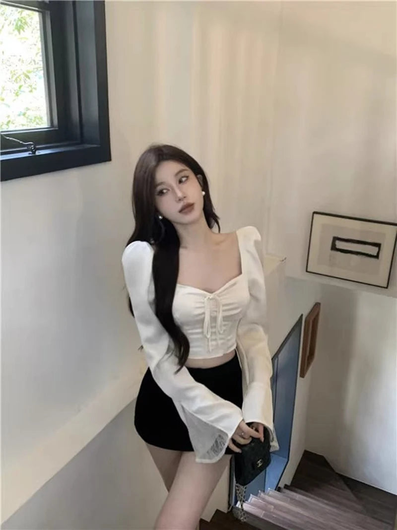 Elegant Women Shirt Lace Patchwork Flare Sleeve Sexy Slim Thin Top Summer Fashion Sweet High Vintage Kawaii Korean Female Blouse