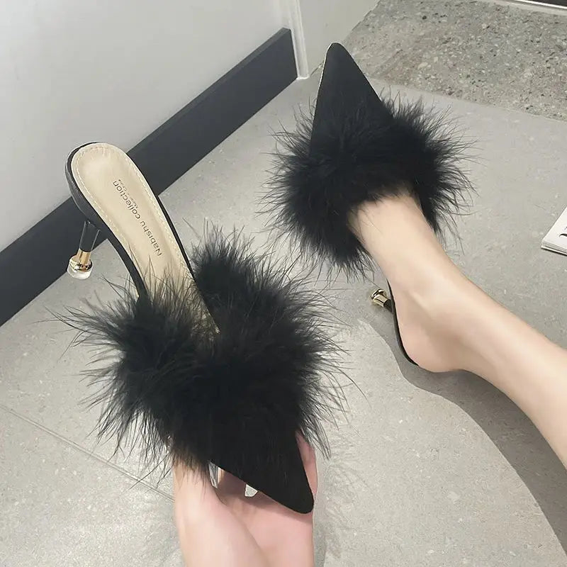 Female Shoes Ladies' Slippers Pointed Toe Women Heels Fur Flip Flops 2025 Soft High Cover Plush Casual Slides Pumps Leisure