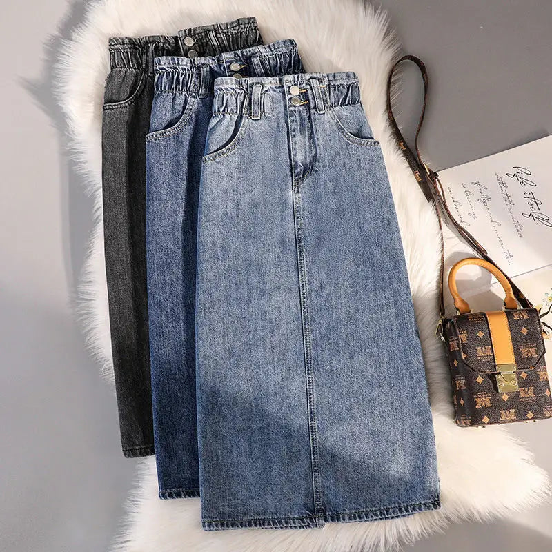 Fashion Denim Skirt Women's Summer High Waist Wrapped Hip Skirts Elastic Female Office Lady Elegant Casual Button Jean Clothing