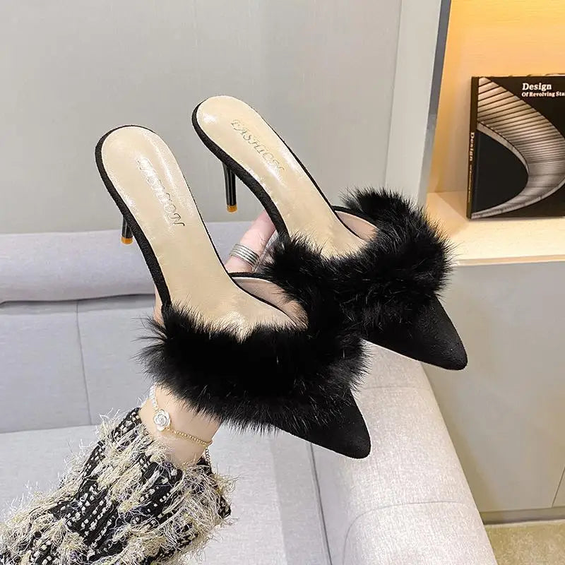 Female Shoes Ladies' Slippers Pointed Toe Women Heels Fur Flip Flops 2025 Soft High Cover Plush Casual Slides Pumps Leisure