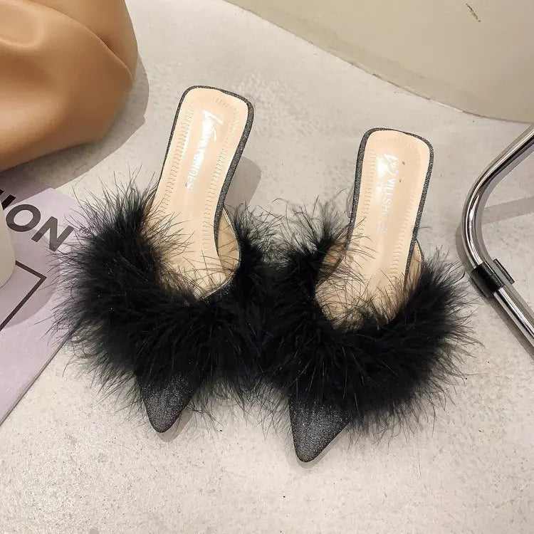 Female Shoes Ladies' Slippers Pointed Toe Women Heels Fur Flip Flops 2025 Soft High Cover Plush Casual Slides Pumps Leisure