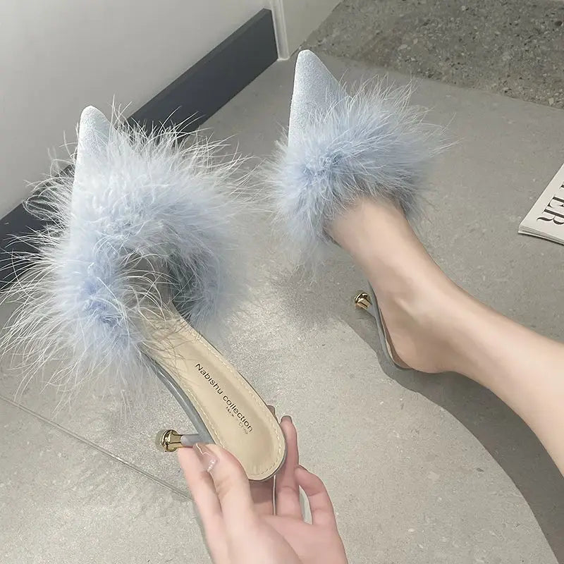 Female Shoes Ladies' Slippers Pointed Toe Women Heels Fur Flip Flops 2025 Soft High Cover Plush Casual Slides Pumps Leisure