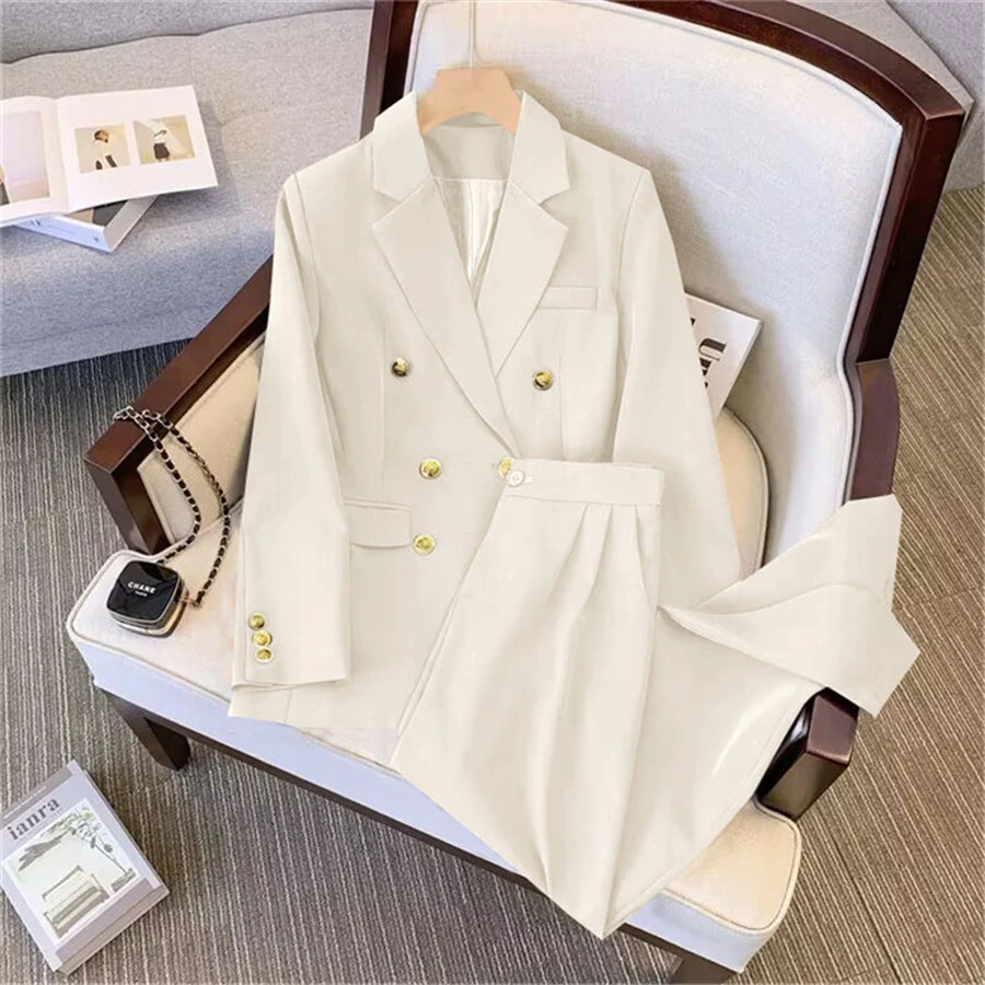 Khaki Office Double Breasted Suits Sets Women Korean New Long Sleeve Blazer Jackets Conjunto Ol High Waist Straight Pants Outfit