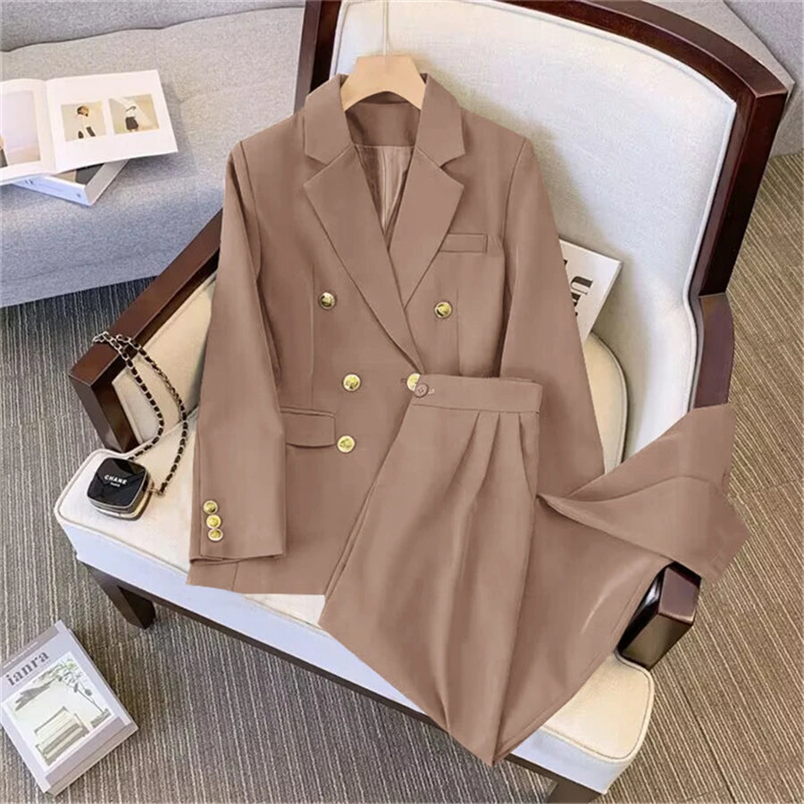 Khaki Office Double Breasted Suits Sets Women Korean New Long Sleeve Blazer Jackets Conjunto Ol High Waist Straight Pants Outfit