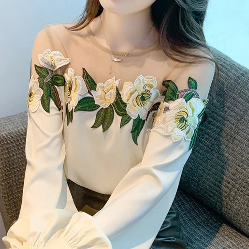 Autumn Mesh Patchwork Long Lantern Sleeve Shirt Spring Embroidered Satin Blouse O-neck Tops Women's Clothes Elegant New 24976