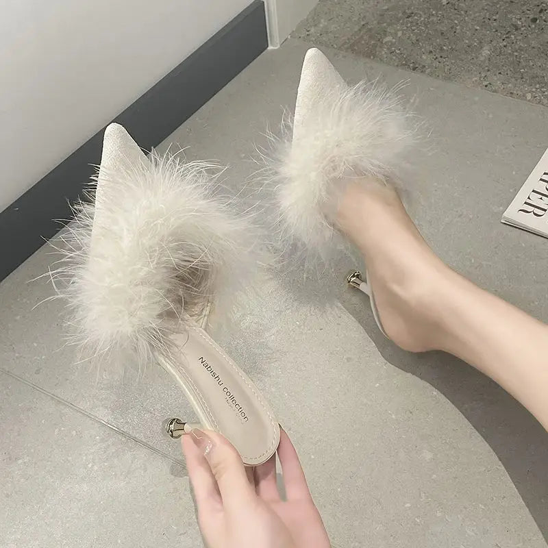 Female Shoes Ladies' Slippers Pointed Toe Women Heels Fur Flip Flops 2025 Soft High Cover Plush Casual Slides Pumps Leisure