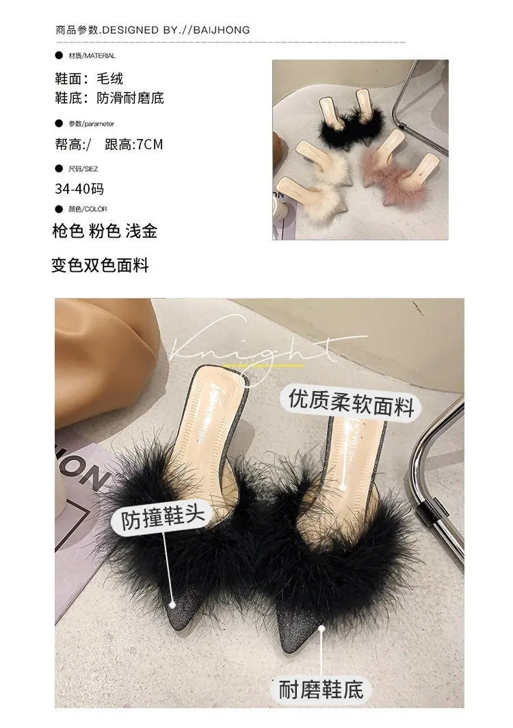 Female Shoes Ladies' Slippers Pointed Toe Women Heels Fur Flip Flops 2025 Soft High Cover Plush Casual Slides Pumps Leisure