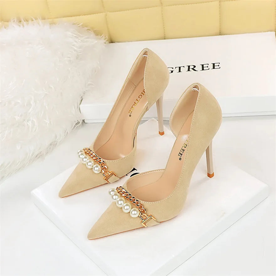 2025 New Fashion Pearl Chain Office Women Pumps Black Flock Side Hollow High Heels Stiletto Pointed Toe Female Party Shoes Dress