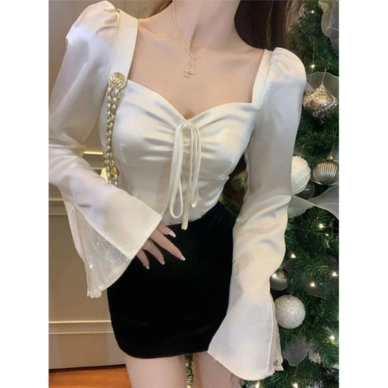 Elegant Women Shirt Lace Patchwork Flare Sleeve Sexy Slim Thin Top Summer Fashion Sweet High Vintage Kawaii Korean Female Blouse