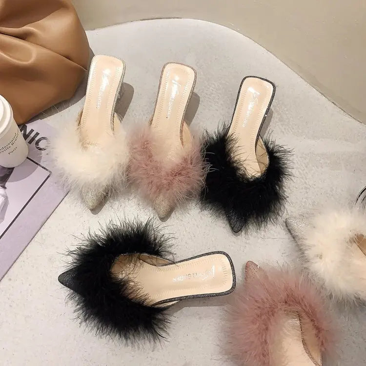 Female Shoes Ladies' Slippers Pointed Toe Women Heels Fur Flip Flops 2025 Soft High Cover Plush Casual Slides Pumps Leisure