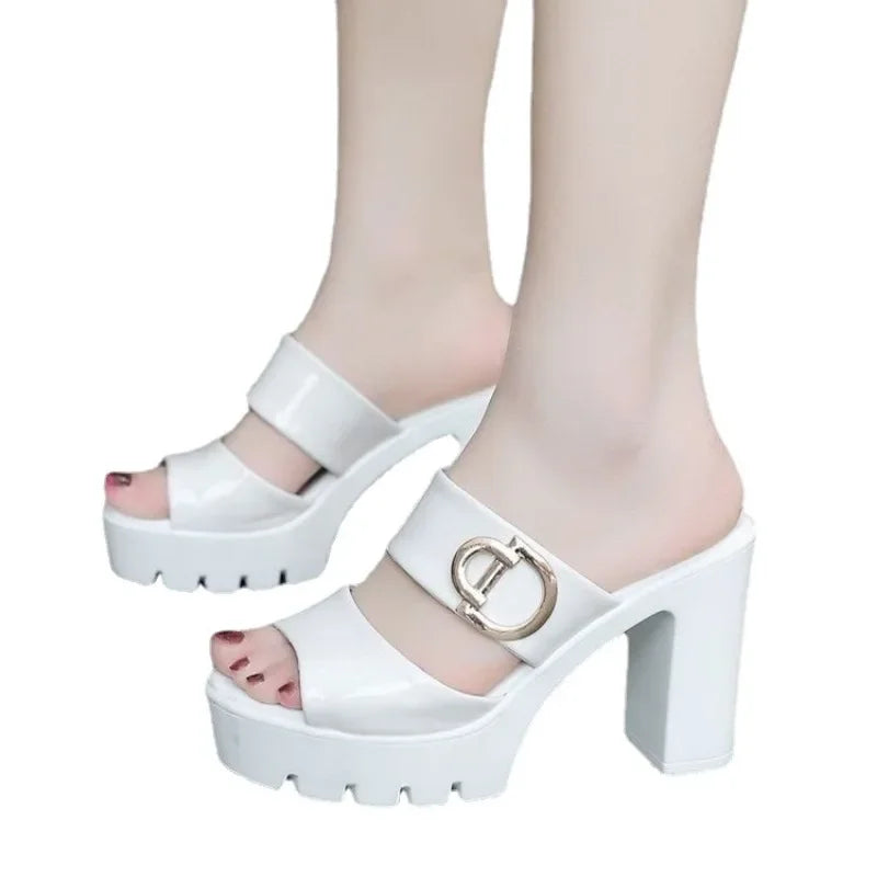 2024 High Heels Platform Slippers Summer Shoes  Solid High Heels Slides Women Office OL Fashion  35-40 Open Slippers