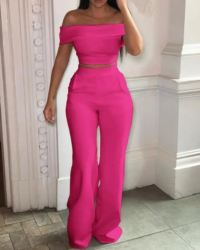 Elegant Sexy 2 Pcs for Women 2024 Summer Casual Fashion Off Shoulder Short Sleeve Crop Top & High Waist Wide Leg Pants Set