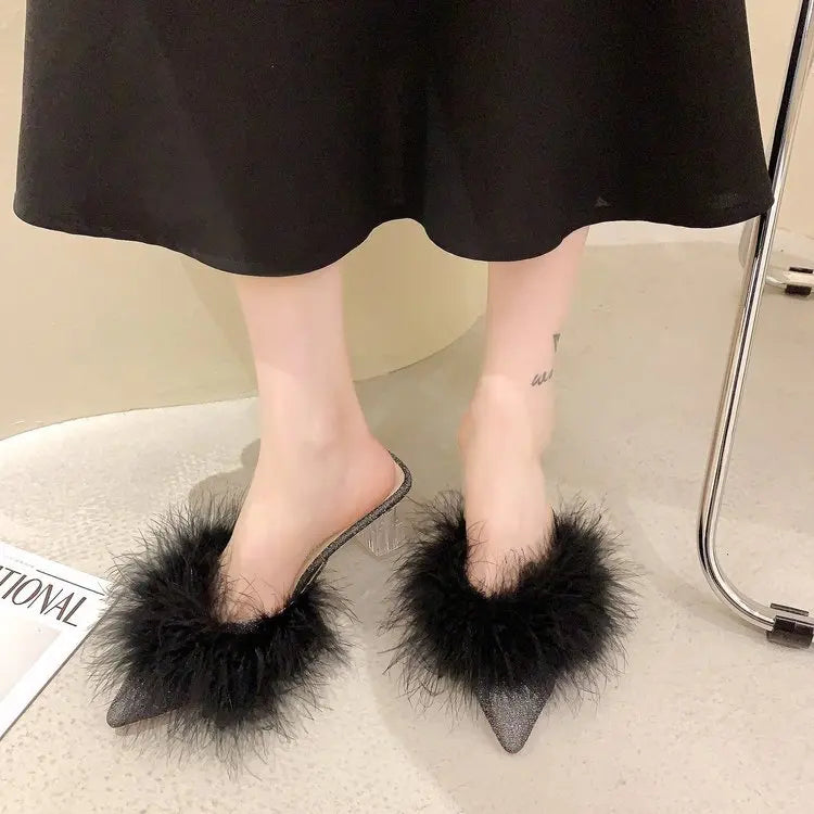 Female Shoes Ladies' Slippers Pointed Toe Women Heels Fur Flip Flops 2025 Soft High Cover Plush Casual Slides Pumps Leisure