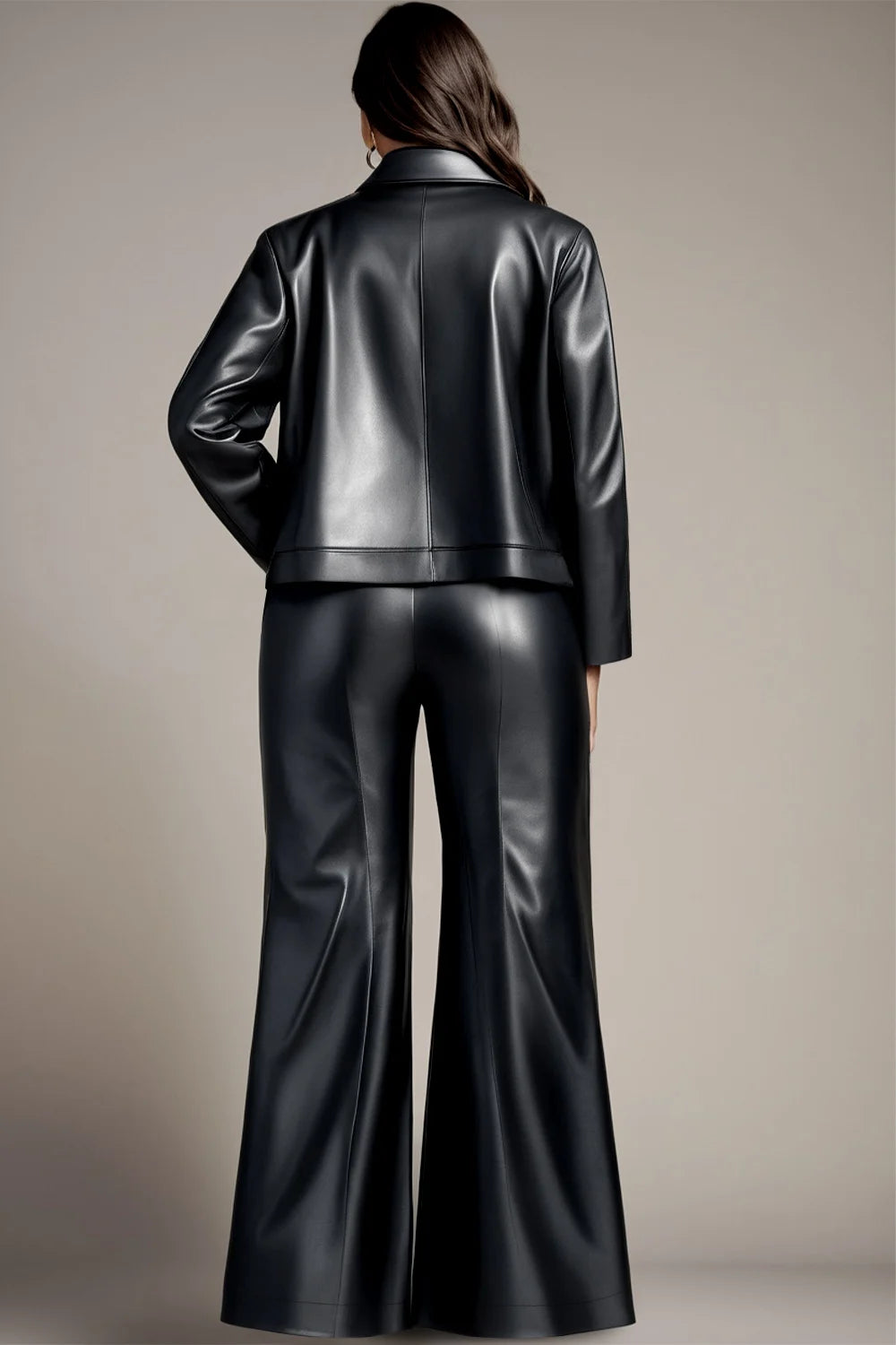 Business Casual Black Turndown Collar Long Sleeve Pocket PU Leather Two Piece Pant Sets