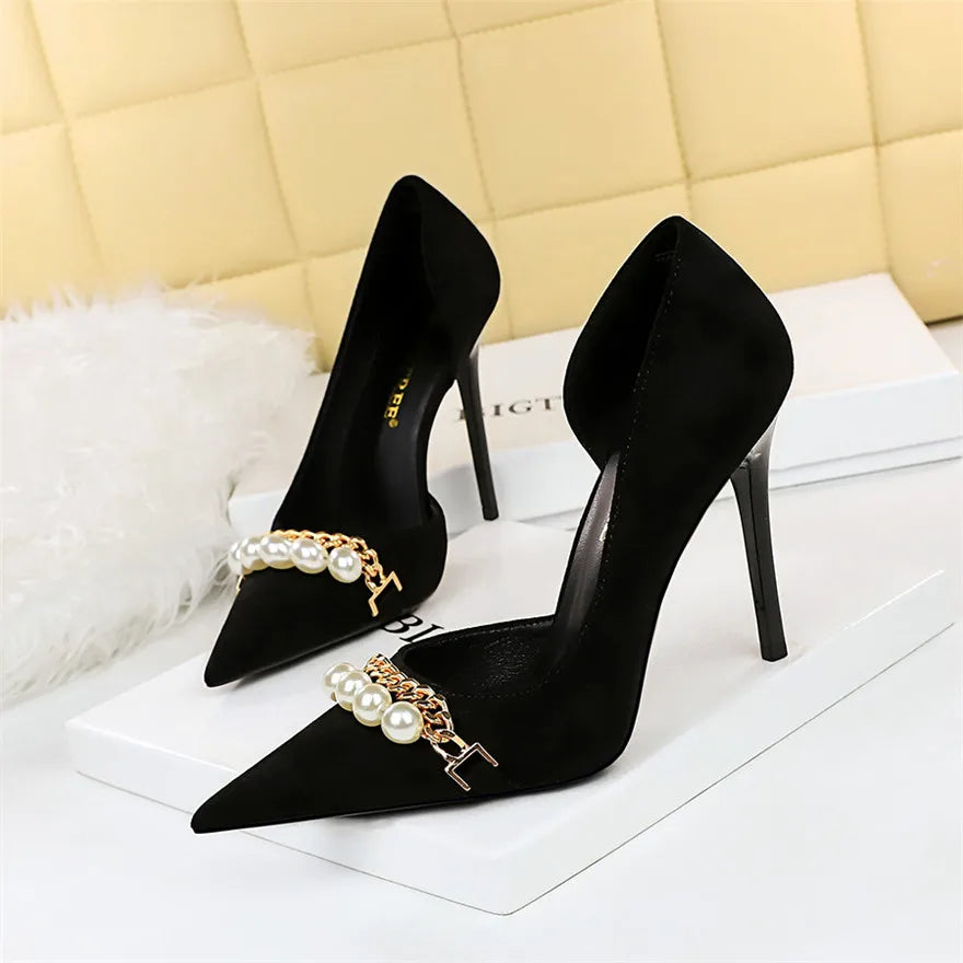 2025 New Fashion Pearl Chain Office Women Pumps Black Flock Side Hollow High Heels Stiletto Pointed Toe Female Party Shoes Dress