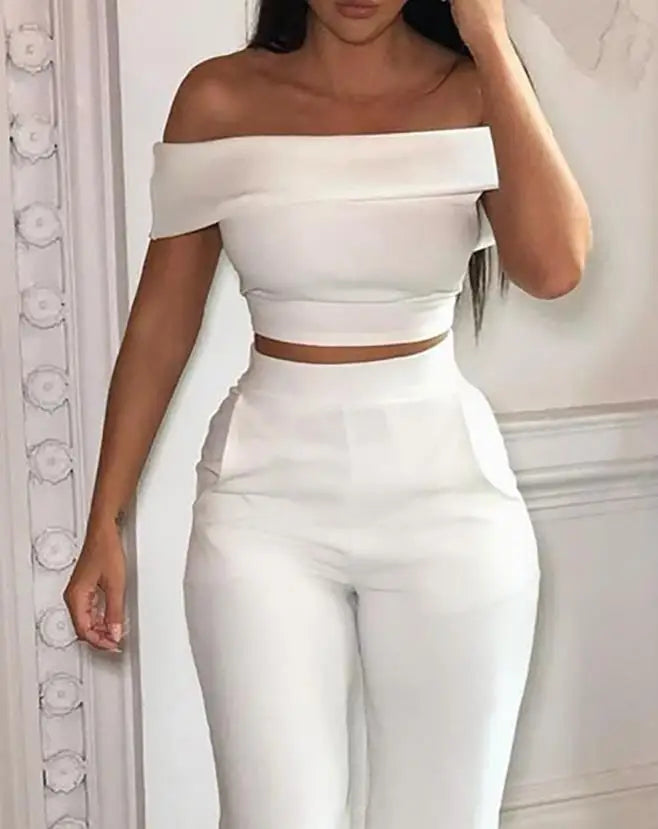 Elegant Sexy 2 Pcs for Women 2024 Summer Casual Fashion Off Shoulder Short Sleeve Crop Top & High Waist Wide Leg Pants Set