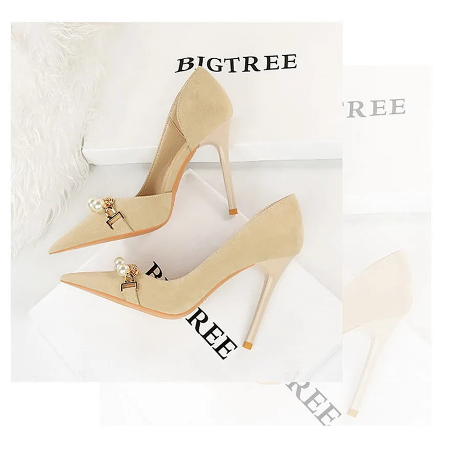 2025 New Fashion Pearl Chain Office Women Pumps Black Flock Side Hollow High Heels Stiletto Pointed Toe Female Party Shoes Dress