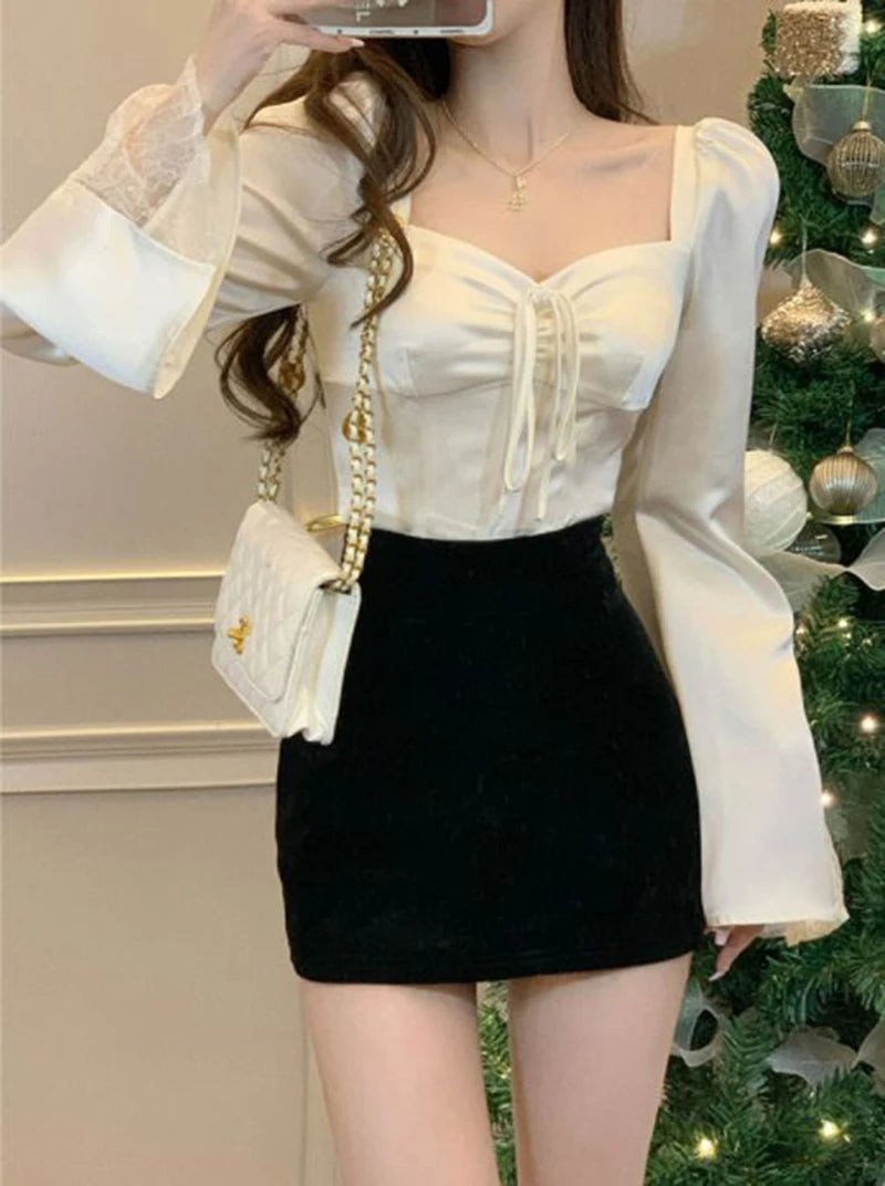 Elegant Women Shirt Lace Patchwork Flare Sleeve Sexy Slim Thin Top Summer Fashion Sweet High Vintage Kawaii Korean Female Blouse