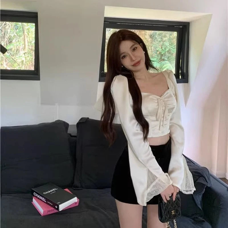 Elegant Women Shirt Lace Patchwork Flare Sleeve Sexy Slim Thin Top Summer Fashion Sweet High Vintage Kawaii Korean Female Blouse