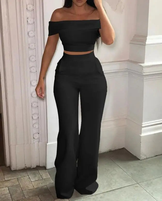 Elegant Sexy 2 Pcs for Women 2024 Summer Casual Fashion Off Shoulder Short Sleeve Crop Top & High Waist Wide Leg Pants Set