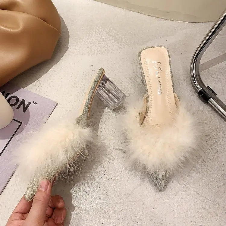 Female Shoes Ladies' Slippers Pointed Toe Women Heels Fur Flip Flops 2025 Soft High Cover Plush Casual Slides Pumps Leisure